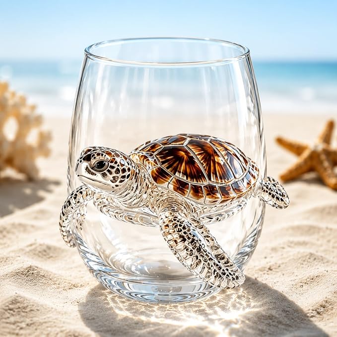 Handcrafted 3D Sea Turtle Stemless Wine Glass | Artisanal Ocean Theme Borosilicate Glassware, Coastal Marine Animal Decorative Drinkware, Coastal Home Decor Gift(Seahorses) - Image 6