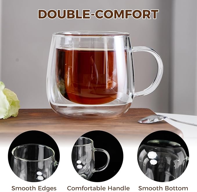 Double Wall Glass Coffee Mugs 10 Oz with Handle - Set of 4 | Insulated Clear Espresso Coffee Mug with Handle, Double Walled Coffee Cups for Cappuccino, Latte, Tea, Hot Drinks - Image 4