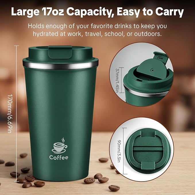 17oz Travel Coffee Mug ,Leakproof Vacuum Coffee Cup Insulated Tumbler | 304 Stainless Steel, Double-Wall Vacuum Insulated, Leakproof, Fits Hot & Cold Drinks Car Cup Holders, Travel, Office - Image 2
