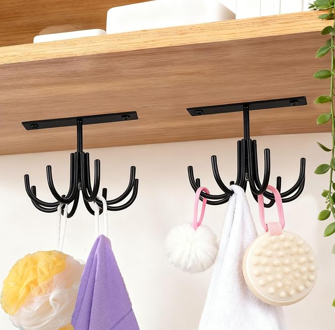 Metal Under Cabinet Kitchen Utensil Hooks,360° Rotating Kitchen Utensil Rack with 8 Hooks,Drilling Free Adhesive Utensils Hanging Rack for Tools/Towel/Knife (Black) - Image 5