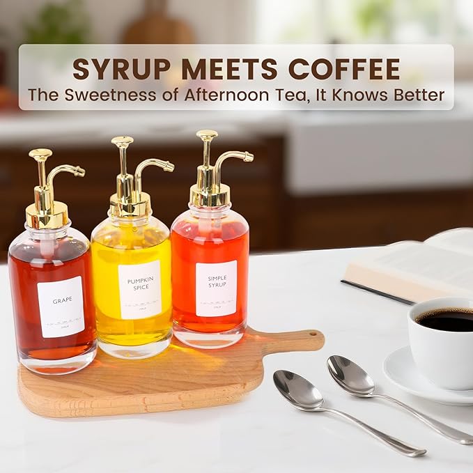 16.9oz Coffee Syrup Dispenser 4Pack- Glass Syrup Dispenser Kit for Coffee Bar Accessories for Home Coffee Bar/Premium Labeled Barista Kit, Gold