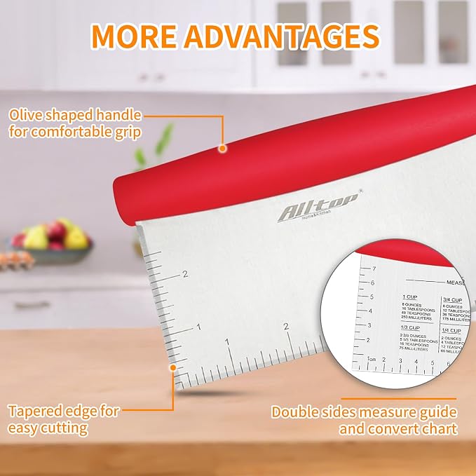 ALLTOP Bench Scraper & Chopper for Kitchen - Ideal Baking Essential Utensil,Stainless Steel Pastry/Dough/Food Cutter Tool for Cake Pizza Bread,Cooking - 1 Pack,Red - Image 3