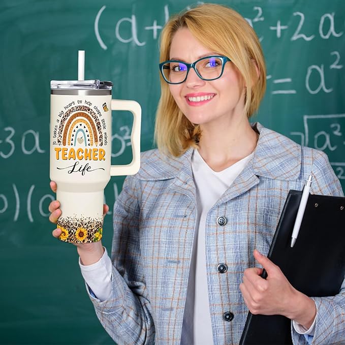Teacher Appreciation Sunflower Tumbler 40Oz With Handle - Christmas and Graduation Gifts for Women, Thank You From Students