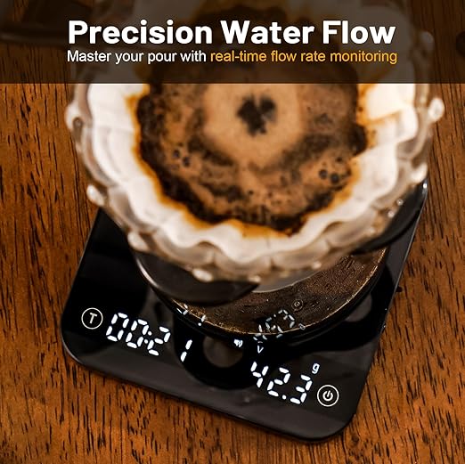 KitchenTour CaféMetric Coffee Scale with Timer 0.1g/2000g - Precision Small Scale for Espresso & Pour Over - Mini Scale with Rechargeable Battery, LCD Display - Black