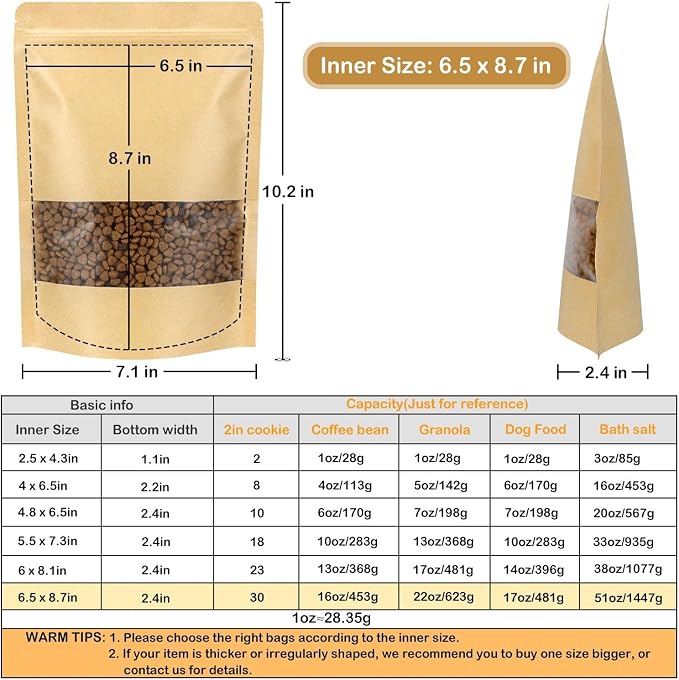 50 Pack Kraft Resealable Bags with Window for Storage (6.5 x 8.7 Inches) | Brown Zipper-Lock Heat Sealable Stand Up Pouch Bags with Matte Window and Tear Notch for Small Business Home Use - Image 2