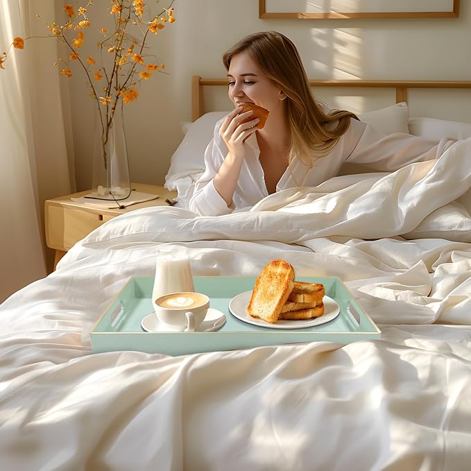 MAONAME Mint Green Decorative Tray for Ottoman, Serving Tray with Handles | Plastic Melamine Tray, Modern Coffee Table Tray, Rectangle Countertop Organizer Tray for Living Room, 15.8"L x 10.2"W x 1.4"H - Image 6