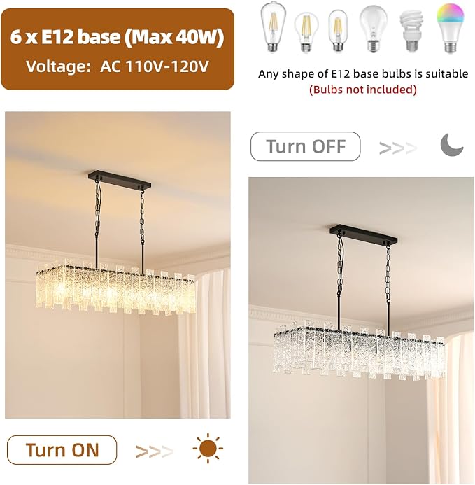 Modern Rectangle Black Crystal Chandeliers for Dining Room, L39" Large Rectangular Water Ripple Glass Island Light Fixture, 6-Lights Hanging Pendant Light for Kitchen Island, Living Room - Image 3