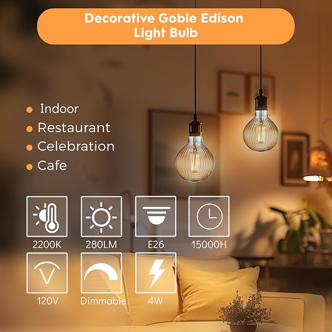 G125 LED Filament Bulb,4W Dimmable E26,2200K Amber Glass,4 Pack | Decorative Oversized Edison Bulb, Squirrel Cage Filament, Dim, For Indoor & Outdoor Cafe, Hotel, Kitchen & Dining Room Decor - Image 4