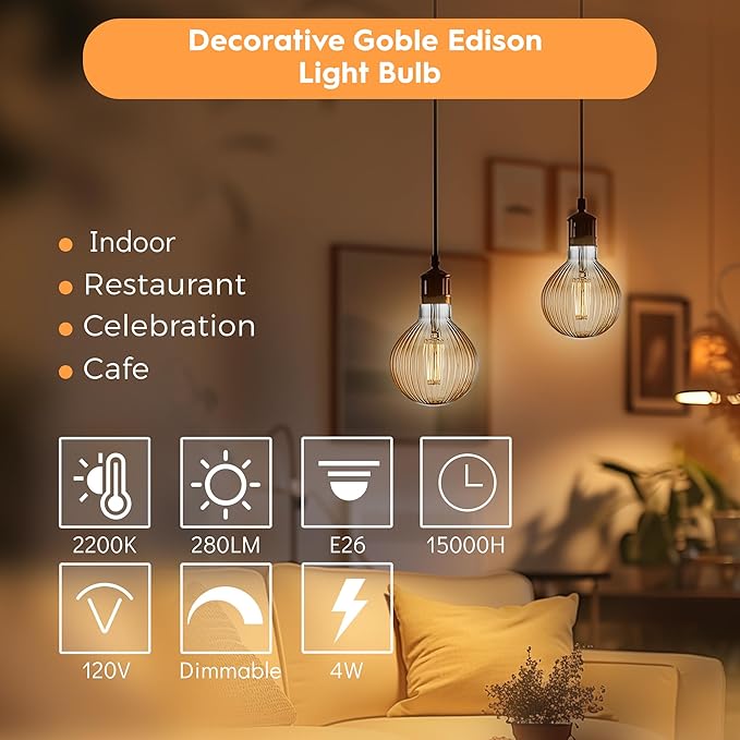 G125 LED Filament Bulb,4W Dimmable E26,2200K Amber Glass,1 Pack | Decorative Oversized Edison Bulb, Squirrel Cage Filament, Dim, For Indoor & Outdoor Cafe, Hotel, Kitchen & Dining Room Decor - Image 5