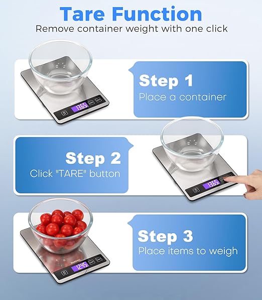 Food Scale for Kitchen, 15 kg/33 lb, Splash-Resistant Stainless Steel, Full-View LCD Display, Easy to Clean, 6 Units, Tare Function, Precise for Baking, Cooking & Meal Prep, Grey
