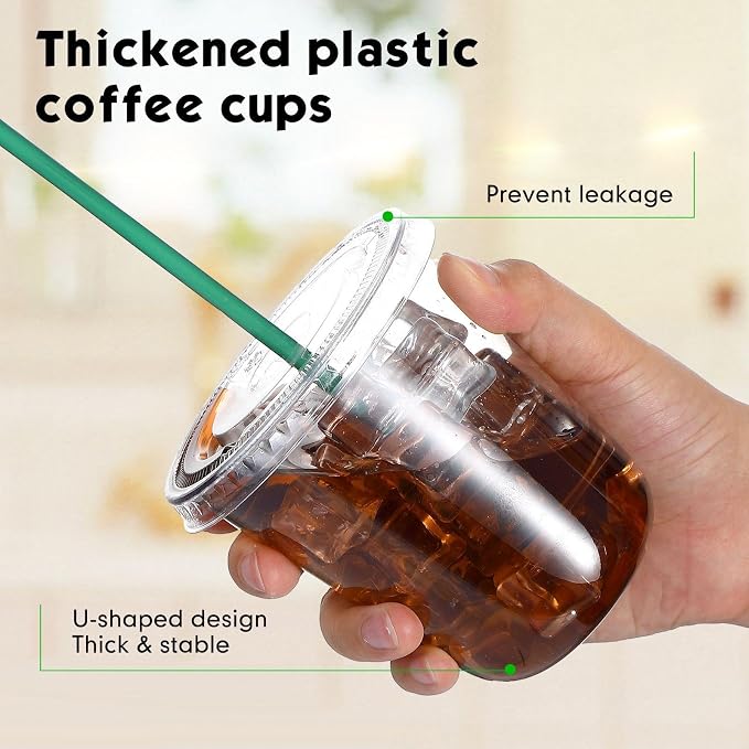 Baderke 25 Set Plastic Cups with Lids and Straws, Disposable Plastic Iced Coffee Cup for Cold Beverage Juice Smoothie Crystal for Coffee Shops Party Catering(Clear,14 oz) - Image 4