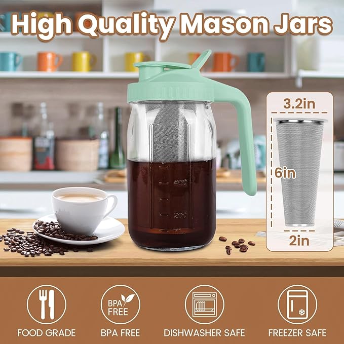 Cold Brew Coffee Maker,32 oz Mason Jar Pitcher with Stainless Steel Filter, Pour Spout Handle Lid, Heavy Duty Glass Airtight & Leak-Proof for Iced Coffee Tea Breastmilk Lemonade-Green