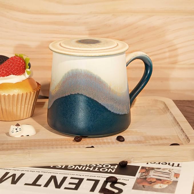 Handmade Ceramic Coffee Mugs, 11.2 OZ Colored Glaze Coffee Cups with Lids, Thanksgiving Gift, Birthday Gift Women, Mom, Dad, Friend, Sister, Brother, Dishwasher and Microwave Cups