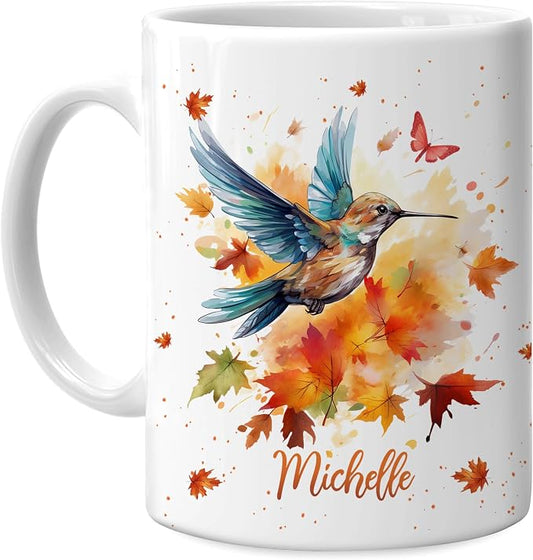Hyturtle Personalized Fall Hummingbird Maple Leaves Coffee Mug | Birthday Gifts For Hummingbird Lovers - Fall Autumn Decor Gifts For Thanksgiving - Custom Name 11oz White Ceramic Tea Mug by Hyturtle