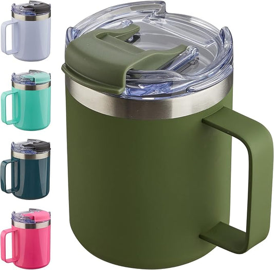 12oz Insulated Travel Coffee Mug with Handle, Army Green | Stainless Steel Coffee Tumbler with Lid, Double Wall Vacuum Thermal Cup for Camping by ALOUFEA