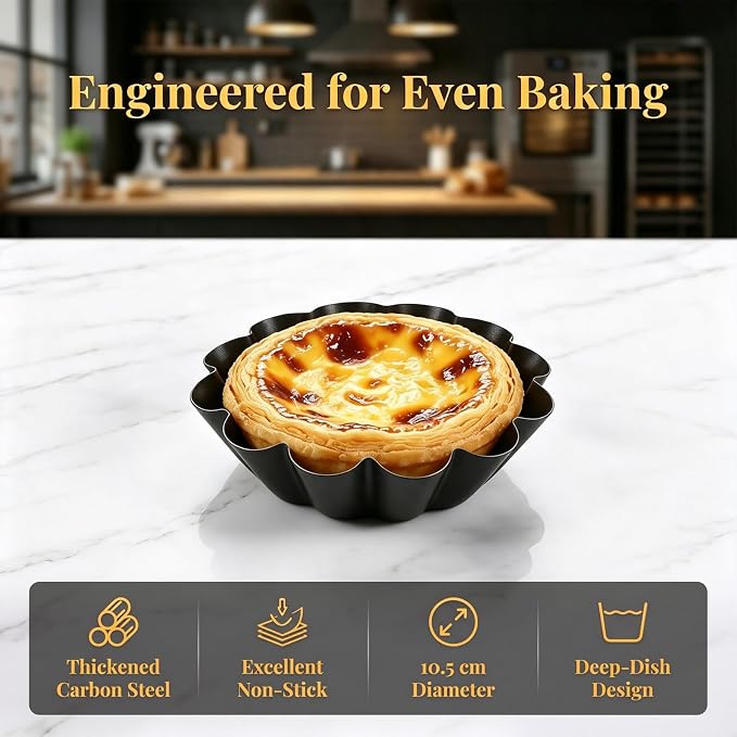 Egg Tart Molds, Non-Stick Carbon Steel Molds for Pies, Cakes, Quiche Bakeware, Reusable Pie Mould Cupcake Muffin Baking Cup 4.1 inch Top, 2.5 inch - Image 7