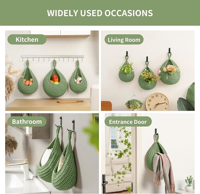 Boho Wall Hanging Fruit Baskets for Kitchen 3 Pack Woven Produce Holder with 6 Pcs Strong Hooks Vegetable Hanging Basket for Organizing Teardrop Home Wall Potato Onion Storage, Green - Image 6