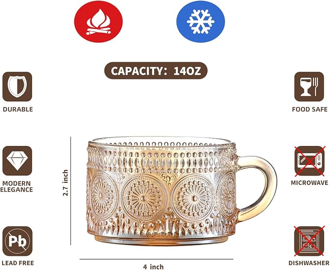 Gezzeny Vintage Coffee Mugs 14 Oz Set of 2 Amber Embossed Glass Tea Cups for Cappccino, Latte,Cereal, Yogurt, Beverage Christmas Thanksgiving Day Gifts - Image 7