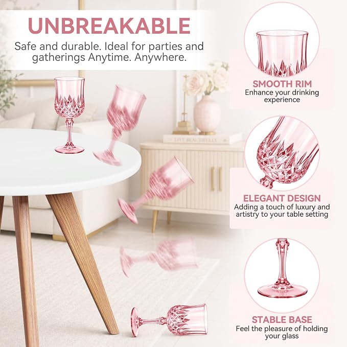 Sliner 96 Pcs 7oz Plastic Vintage Wine Glasses Drinking Goblets Unbreakable Crystal Water Glassware Reusable Diamond Champagne Flutes Cups for Wedding Banquet Birthday Party Supplies (Pink) - Image 4