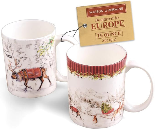 Maison d' Hermine Coffee Mug with Handles Tea Cups (15 Ounce, Pack of 2) | Fine Bone China Coffee Mugs for Hot Beverages Cappuccino Latte Home Restaurant Hotel Spring Summer -Christmas Tradition by MaisondHermine
