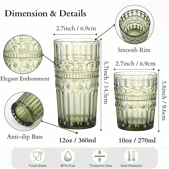 Green Drinking Glasses Set of 12, 12 Oz Highball & 10 Oz Cocktail Glasses, Green Kitchen Vintage Glassware Set, Floral Embossed Glass Tumbler Cups for Beer, Juice, Whiskey, Coffee(Crown) - Image 2