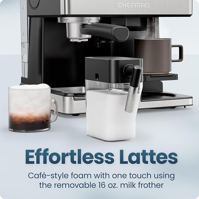 Chefman Coffee Maker Espresso Machine Combo, 8-in-1 Coffee Station with Automatic Milk Frother for Lattes, Cappuccinos, Macchiatos, 20-Bar Pump, 12-Cup Carafe & 3L Water Tank - Black - Image 7
