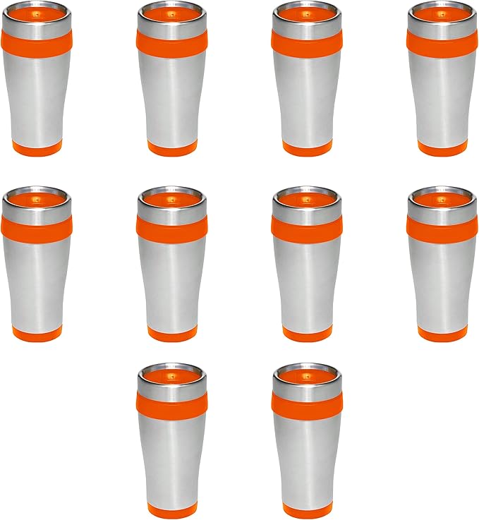 DISCOUNT PROMOS Insulated Stainless Steel Travel Mugs 16 oz. Set of 10, Bulk Pack - Perfect for Coffee, Soda, Other Hot & Cold Beverages - Orange