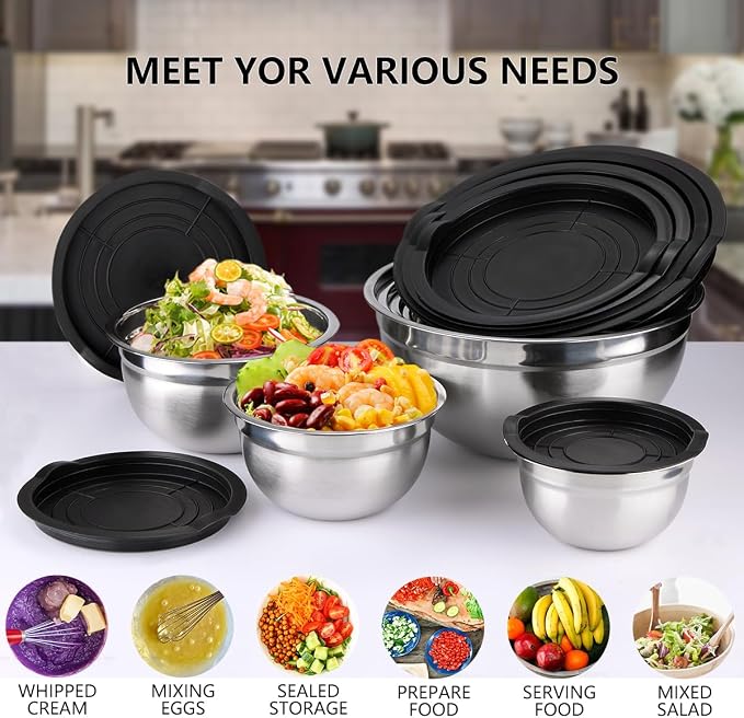Leidawn Mixing Bowls with Lids set - 25 PCS Stainless Steel Nesting Black Mixing Bowls Set for Baking, Mixing, Serving & Prepping, Size 5, 3.7, 2.8, 2.3, 1.7, 1.1, 0.7QT, 11 Cooking - Image 7