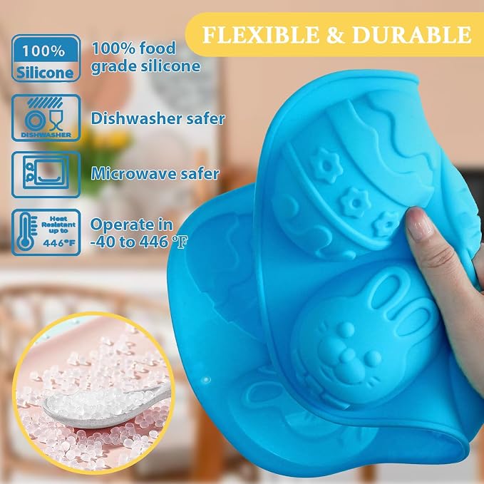 Egg Shape Silicone Molds 3.5 Inch, 2-Pack Chocolate Baking Holiday Easter Mould, Non-Stick BPA Free, Kid-Friendly Soap Mold Rabbit & Floral Designs, Blue & Pink - Image 3