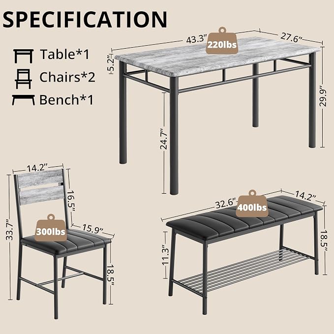 IRONCK Dining Table Set for 4, Kitchen Table and Chairs Set, Gray | Kitchen Table with Upholstered Bench and 2 Chairs for Small Space, Apartment - Image 2