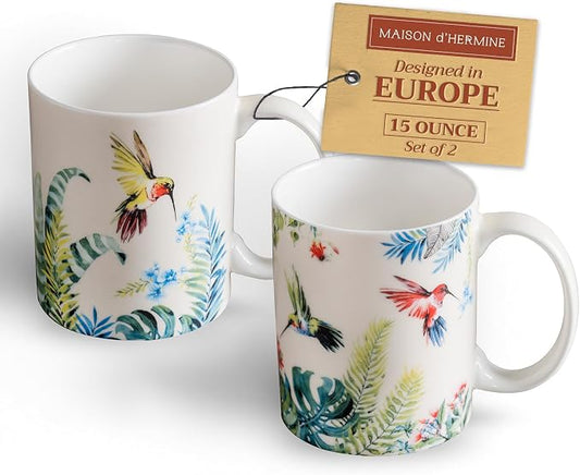 Maison d' Hermine Coffee Mug with Handles Tea Cups (15 Ounce, Pack of 2) | Fine Bone China Coffee Mugs for Hot Beverages Cappuccino Latte Home Restaurant Hotel Spring Summer -Tropiques by MaisondHermine
