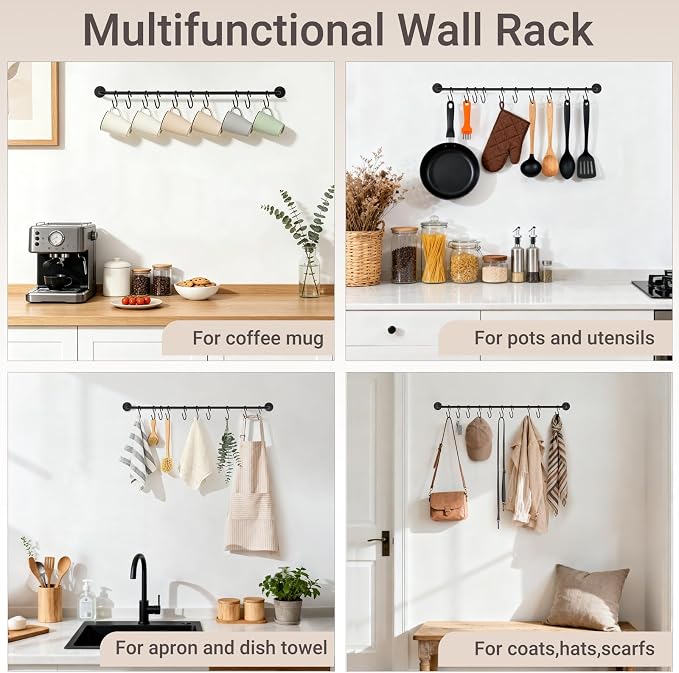 Mkono Wall Mounted Mug Holder, Coffee Cup Hanger Rack with 10 Hooks, 1 Pack | Kitchen Rod, Space Saving, Easy Assembly, Wall & Under Cabinet, Durable Metal, Kitchen Dining Bar Organizer, Multi-Function - Image 5