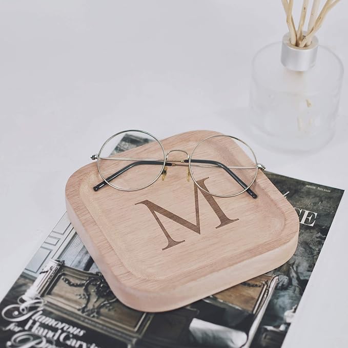 I'm Wooden Personalized Letter Catchall Valet Tray Trinket Dish Jewelry Tray Key Bowl Decorative Plate Organizing Ring Earrings Necklaces Bracelet Watch Coins Wallet Holder (6"x6" Sq Natural M)