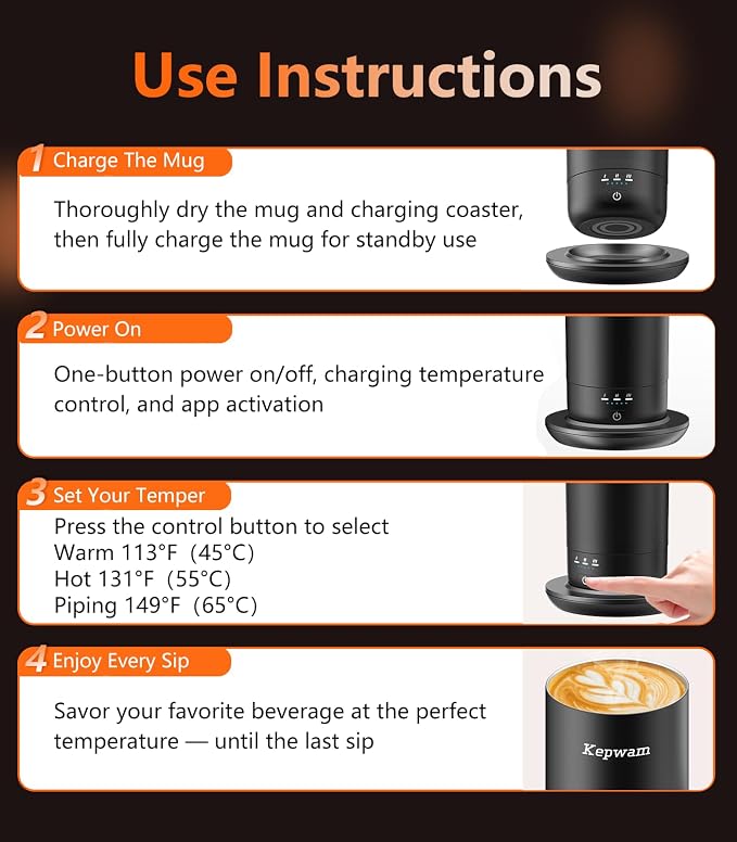 Kepwam Heated Coffee Mug Rechargeable T3, 20oz Self-Heating Travel Mug for Coffee with 1℉ Precise Temperature Control & App, Portable Cup Warmer for Outdoor & Car (Fits Cup Holders) - Image 8