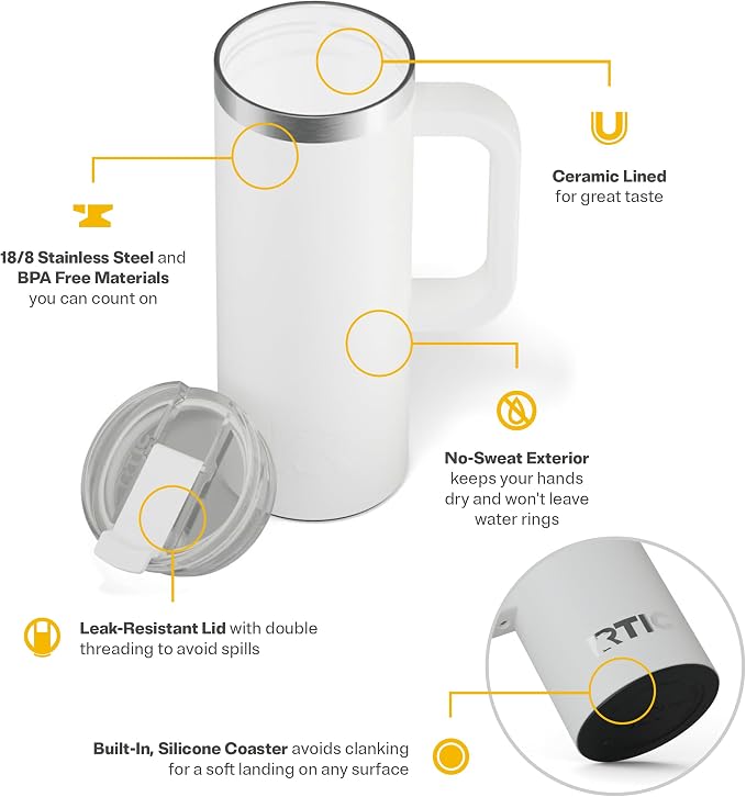 RTIC 20oz Road Trip Travel Mug with Lid and Handle, Ceramic Lined, Insulated, Stainless Steel, Metal, Double Wall Vacuum-Insulation, Portable Coffee, Tea Cup for Hot and Cold Drink, White - Image 3