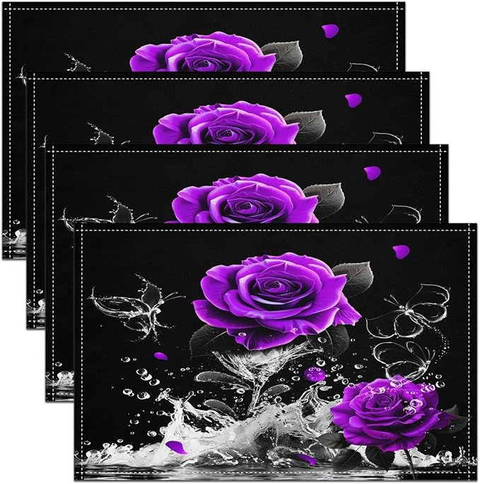 Feelyou Purple Rose Table Place Mats Romantic Floral Blossom Placemats Set of 4 for Women Black Purple Placemat for Kitchen Dining Table Reflection on Water Indoor Outdoor Decor Table Mats 18"x12" by Feelyou