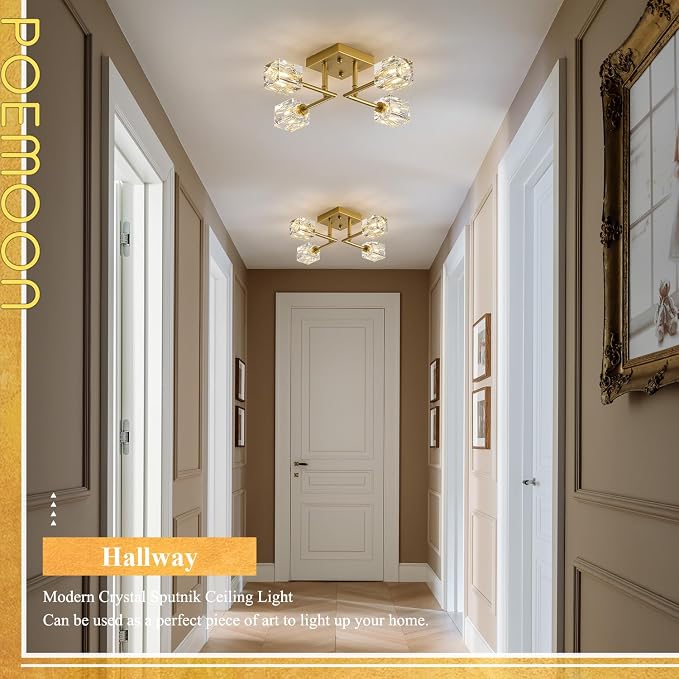 Modern Gold Sputnik Chandeliers 4-Light Crystal Semi Flush Mount Ceiling Light Fixture Industrial 18" Chandelier for Hallway Entryway Kitchen Bedroom Dining Room - Image 3