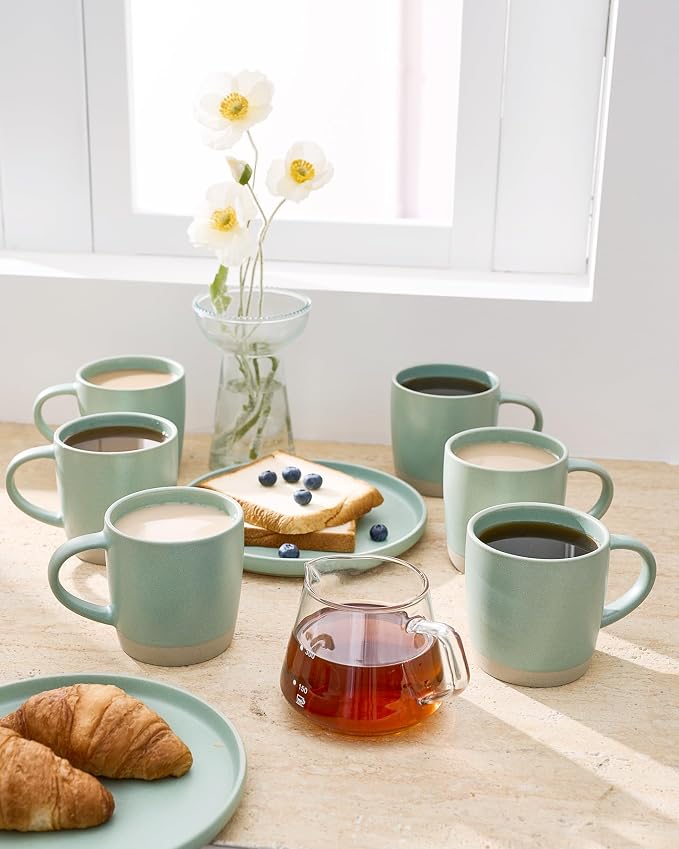 famiware Coffee Mugs Set of 8, Milkyway 13 oz Mug Set, Ceramic Cup Set with Handle for Coffee, Tea, Cocoa, Milk, Light Green - Image 8