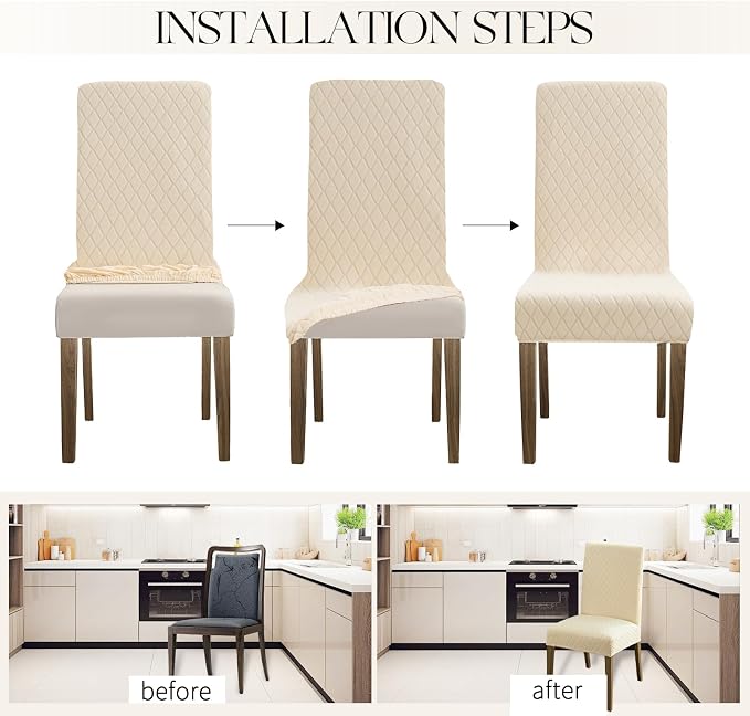MOSAYT 100% Waterproof Dining Room Chair Covers Set of 4, Super Fit Stretch Jacquard Parson Chairs Slipcovers Removable Washable Chair Seat Protectors for Home, Kitchen, Banquet (Beige - XL) - Image 5