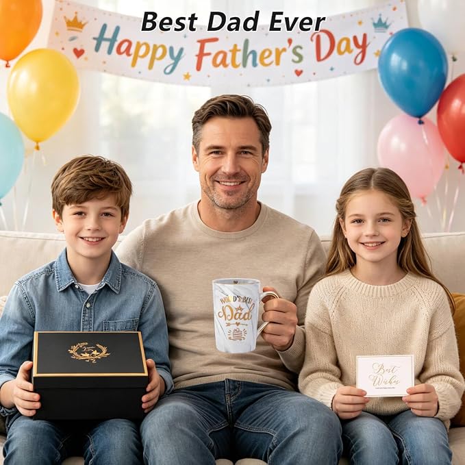 Birthday Gifts Presents for Dad from Daughter Son - World's Best Dad Mug | Funny 14oz Grey Marble Ceramic Coffee Cup with Gold Print, Lid, Spoon, Greeting Card, Nice Gift Box, Fathers Day Daddy Gift - Image 7