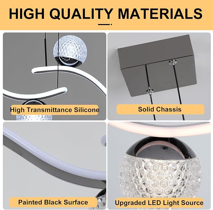 ORANOOR Modern LED Globe Pendant Light, 39inch Dimmable Hanging Chandeliers | 2-Wave Black LED Chandelier Kitchen Pendant Lighting Over Island Dining Room Light Fixtures Ceiling Hanging Over Table,2-Bulb - Image 4