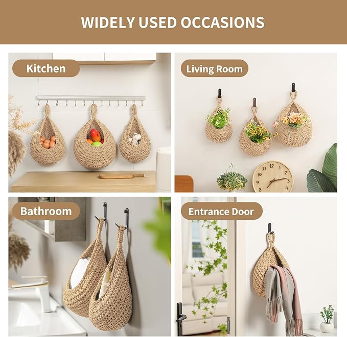 Boho Wall Hanging Fruit Baskets for Kitchen 3 Pack Woven Produce Holder with 6 Pcs Strong Hooks Vegetable Hanging Basket for Organizing Teardrop Home Wall Potato Onion Storage, Linen - Image 6