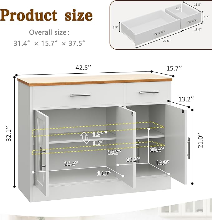 Vongrasig Buffet Cabinet with Storage, 43” Farmhouse Coffee Bar Cabinet with 3 Doors, Wood Buffet Table for Kitchen Dining Room Living Room, Off White - Image 2