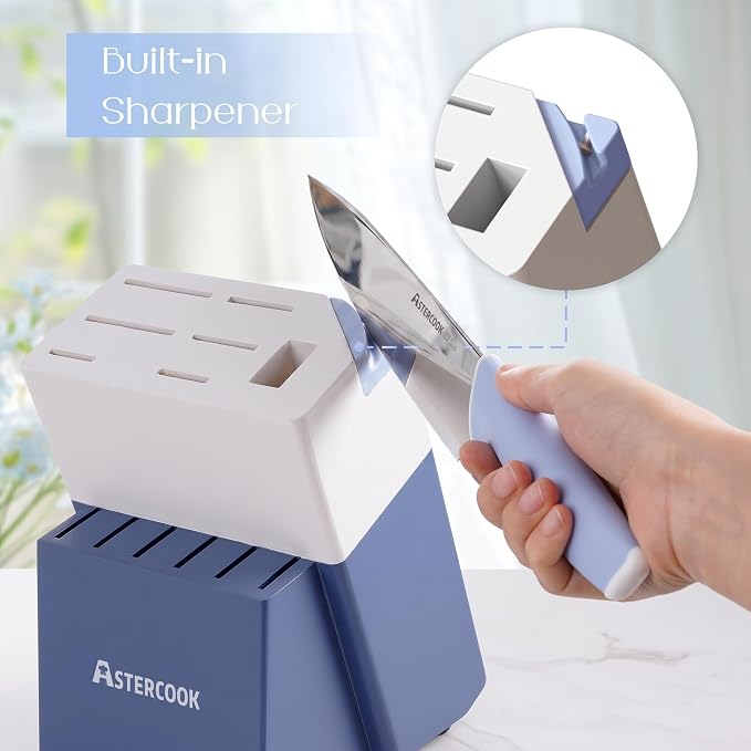 Astercook Kitchen Knife Set with Block and Sharpener 15 Piece German High Carbon Stainless Steel Knives Sharp Blade Dishwasher Safe Deba Knives with Ergonomic Handle, Delicate Blue - Image 6