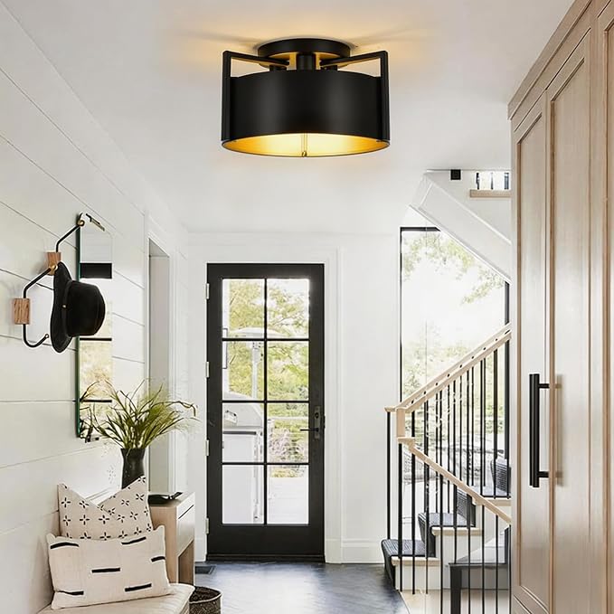 Black Semi Flush Mount Ceiling Light, 15'' Modern Farmhouse Hallway Entryway Light Fixtures Ceiling Mount, 3-Light Rustic Foyer Lighting Fixtures Ceiling lights for Kitchen Island Bedroom Dining Room - Image 7