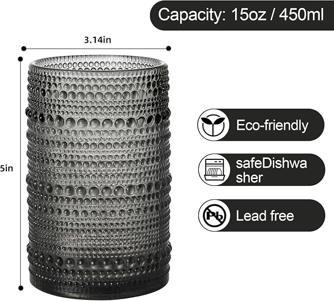 ZMOWIPDL Drinking Glasses Set of 6,15 oz Grey Hobnail Glass Cups | Vintage Glassware，Embossed Water Tumbler,for Beer,Cocktail,Whiskey,Juice and Various Mixed Drinks- 1 Cleaning Brush - Image 2