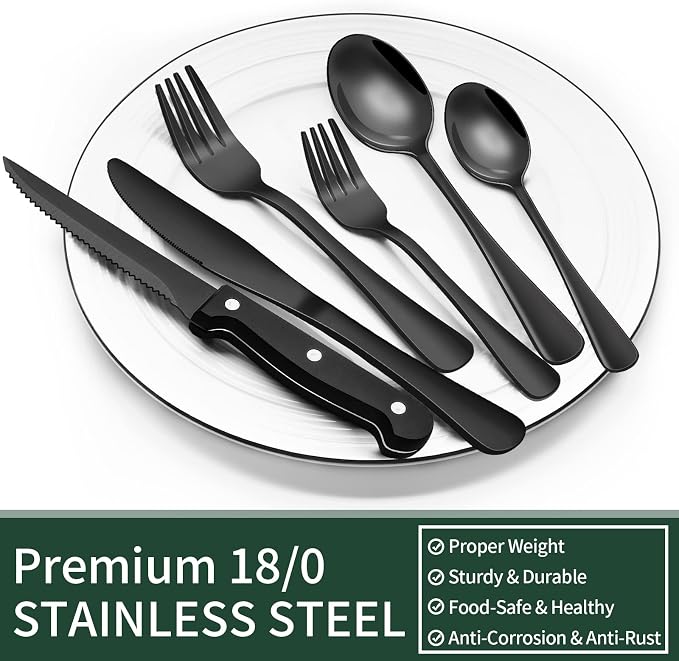 EWFEN 24-Piece Black Silverware Set with Steak Knives, Black Flatware Set for 4, Food-Grade Stainless Steel Tableware Cutlery Set, Mirror Finished Utensil Sets for Home Restaurant, Round Edge - Image 5