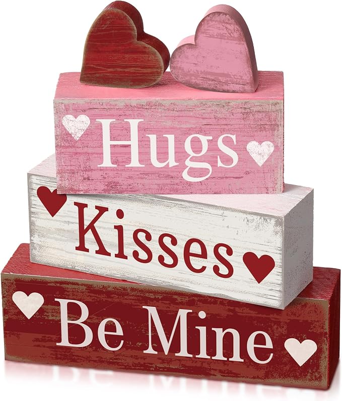 Moucuny 4 Pcs Valentine's Day Table Decorations Wooden Heart Valentine Tiered Tray Decor Valentine Day Centerpiece Rustic Decorative Heart Block Signs Gift Farmhouse Valentines Decor for Home Kitchen by Moucuny