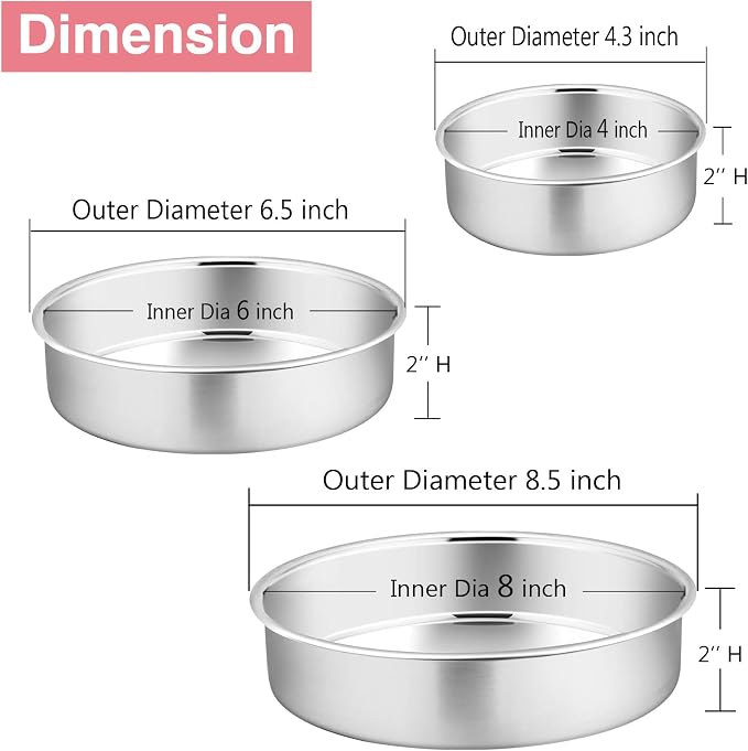 P&P CHEF Cake Pan Set of 3, 4" + 6" + 8" Round Baking Layer Cake Pan Tin | Stainless Steel & Mirror Finish, Bakeware for Birthday Weeding Anniversary, Heavy Duty & Non Toxic, Oven & Dishwasher Safe - Image 6