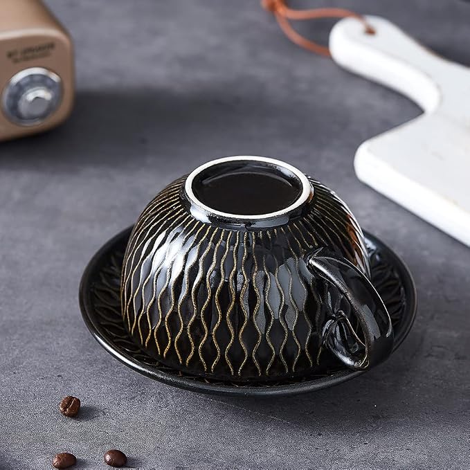Coffeezone Vintage Design 12 oz Ceramic Latte Art Cappuccino Barista Cup with Saucer (Embossed Black) - Image 4